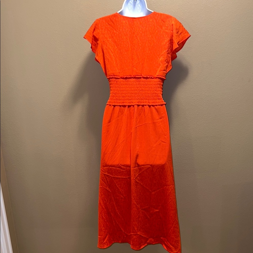 Leith Orange Red Smocked Midi Dress V-Neck Flutter Sleeve Side Slit Size XS - Picture 10 of 12